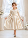 Vintage Tea-Length A-Line Winter Flower Girl Champagne Velvet Long Sleeve Sash Bow Jewel Neck Dress front view
