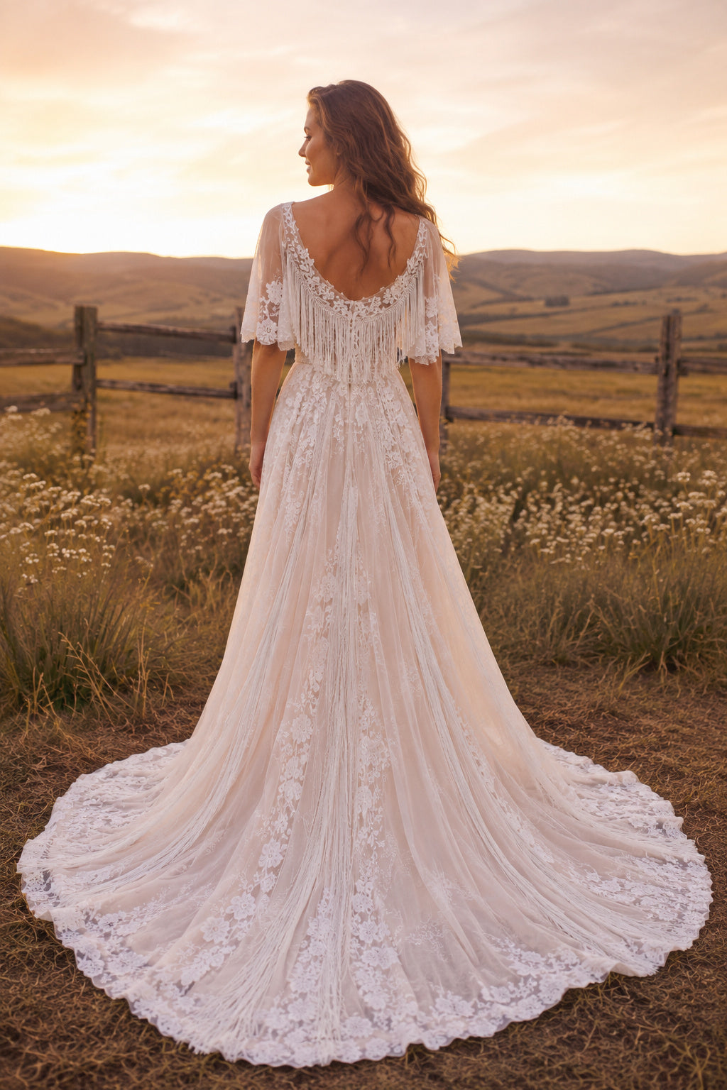 Ivory V-Neck Flutter Sleeve Lace A-Line Wedding Dress with Applique Skirt and Train back view