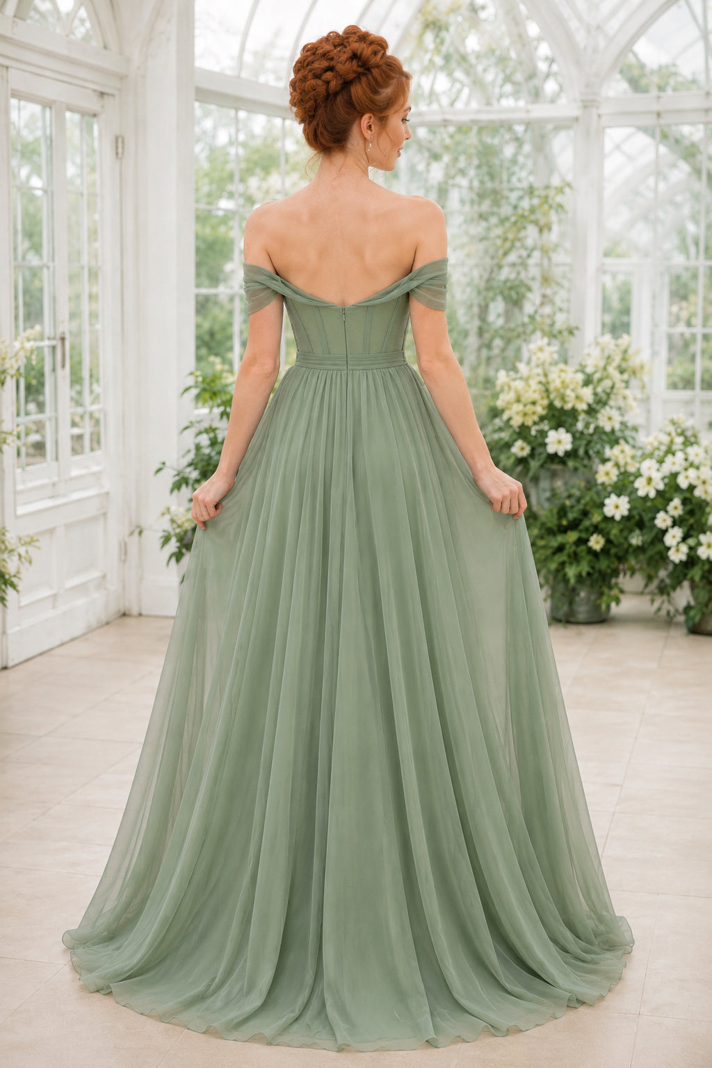 Sage Off-the-Shoulder Chiffon A-Line Bridesmaid Dress with Corset Bodice and Floor Skirt back view
