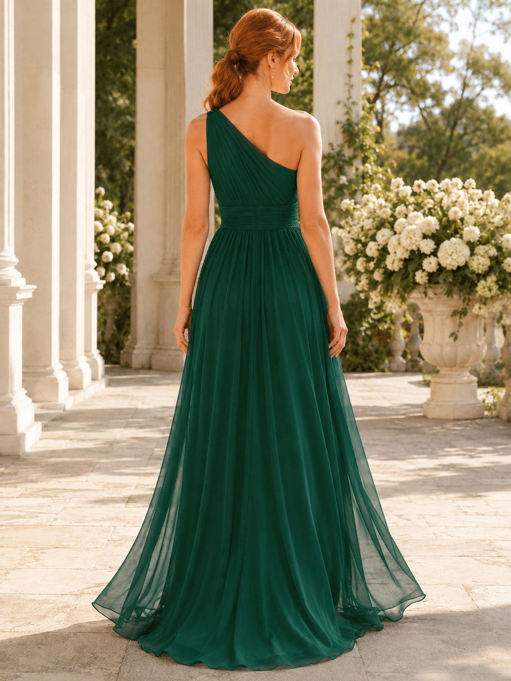 Dark Green Chiffon One Shoulder A-Line Evening Gown back view