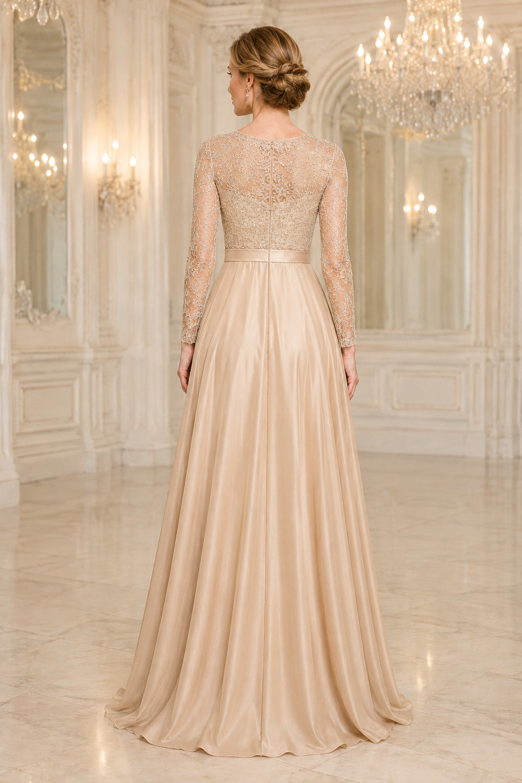 Champagne High Neck Lace Bodice A-Line Mother Dress with Long Sleeves and Satin Chiffon Skirt back view