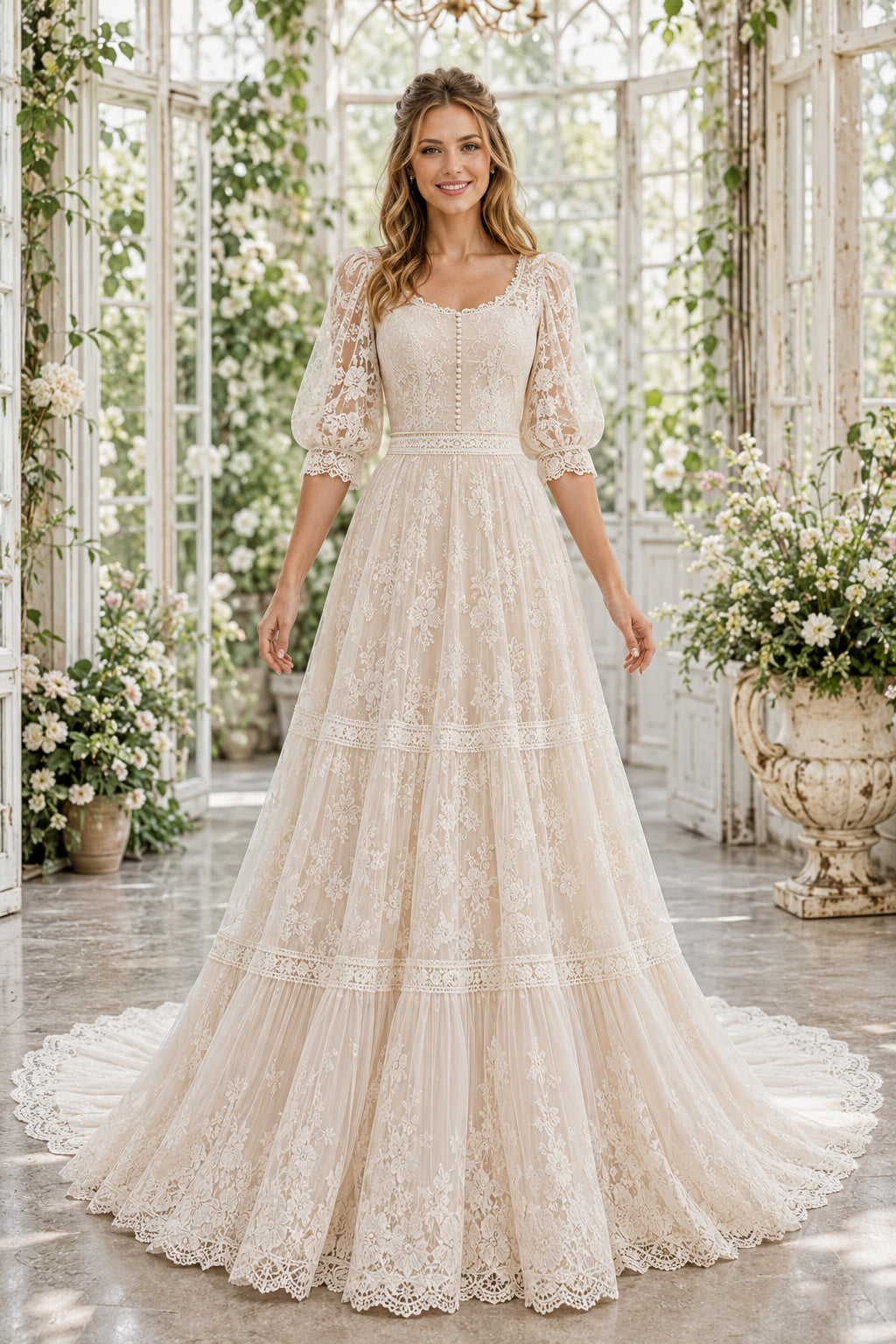 Square Neck Three Quarter Sleeve A-Line Wedding Dress with Tiered Lace Train for Beach Garden Ceremony front view