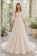 Square Neck Three Quarter Sleeve A-Line Wedding Dress with Tiered Lace Train for Beach Garden Ceremony front view