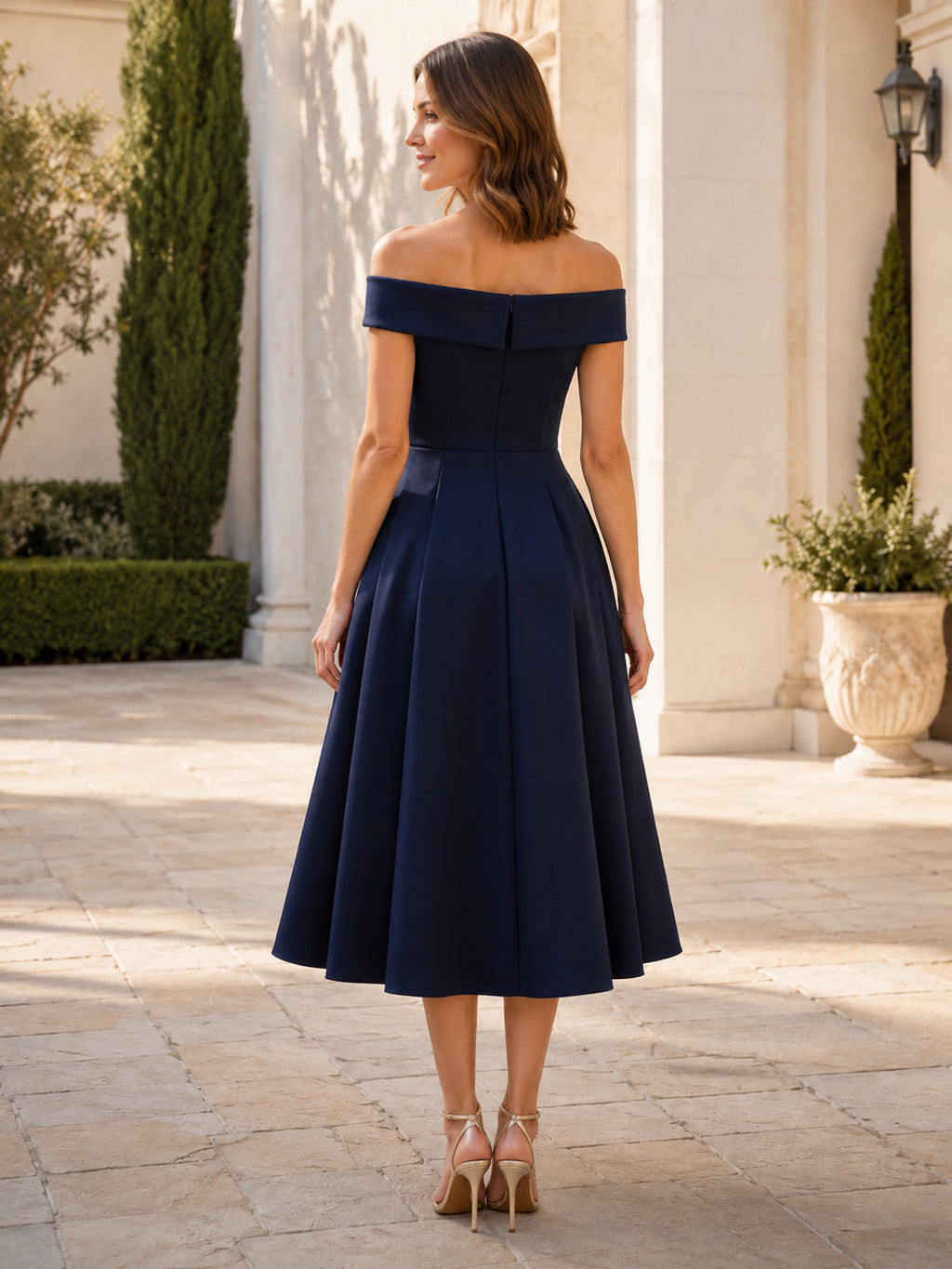 Dark Navy Petite Off Shoulder Satin Tea Length A Line Cocktail Dress back view