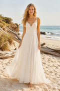 Beach V-Neck Strap A-Line Wedding Dress with Simple Chiffon Skirt and Low Back for Beach Garden Ceremony front view