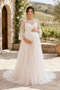 Ivory Maternity High Neck Long Sleeve Lace A-Line Wedding Dress with Sheer Bodice front view