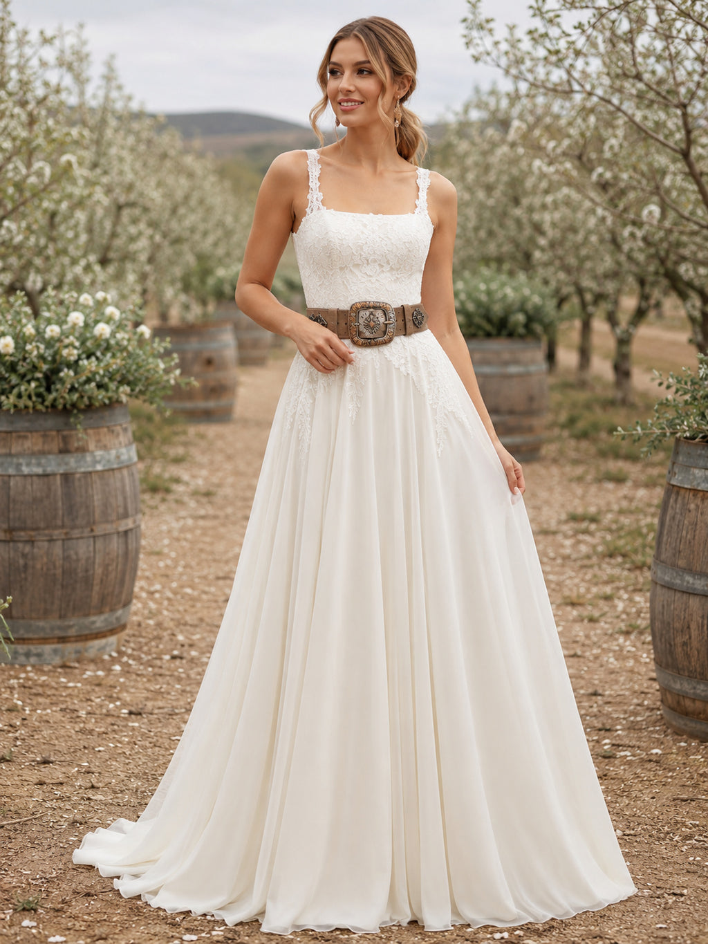 Country Chiffon Wedding Dress A-Line Square Neck Sleeveless Sweep Train Bridal Gown front view