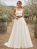 Country Chiffon Wedding Dress A-Line Square Neck Sleeveless Sweep Train Bridal Gown front view