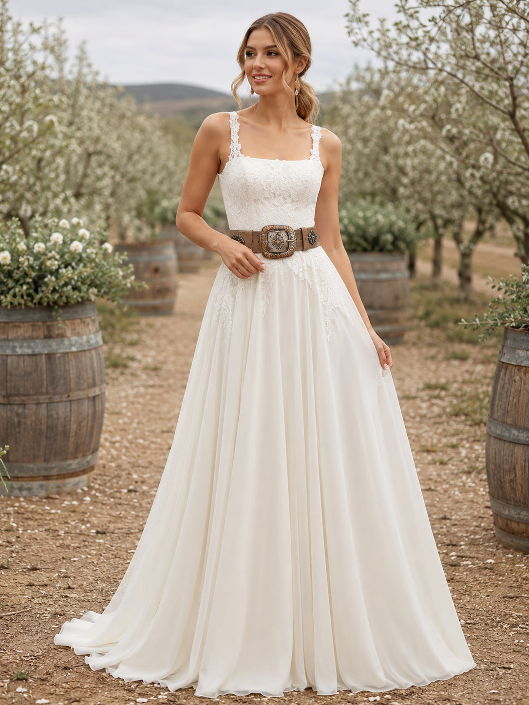 Country Chiffon Wedding Dress A-Line Square Neck Sleeveless Sweep Train Bridal Gown front view