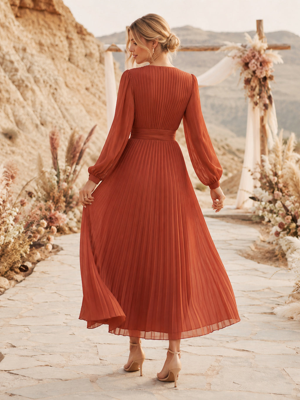 Vermilion V Neck Long Poet Sleeve Pleated Chiffon A Line Ankle Guest Dress back view