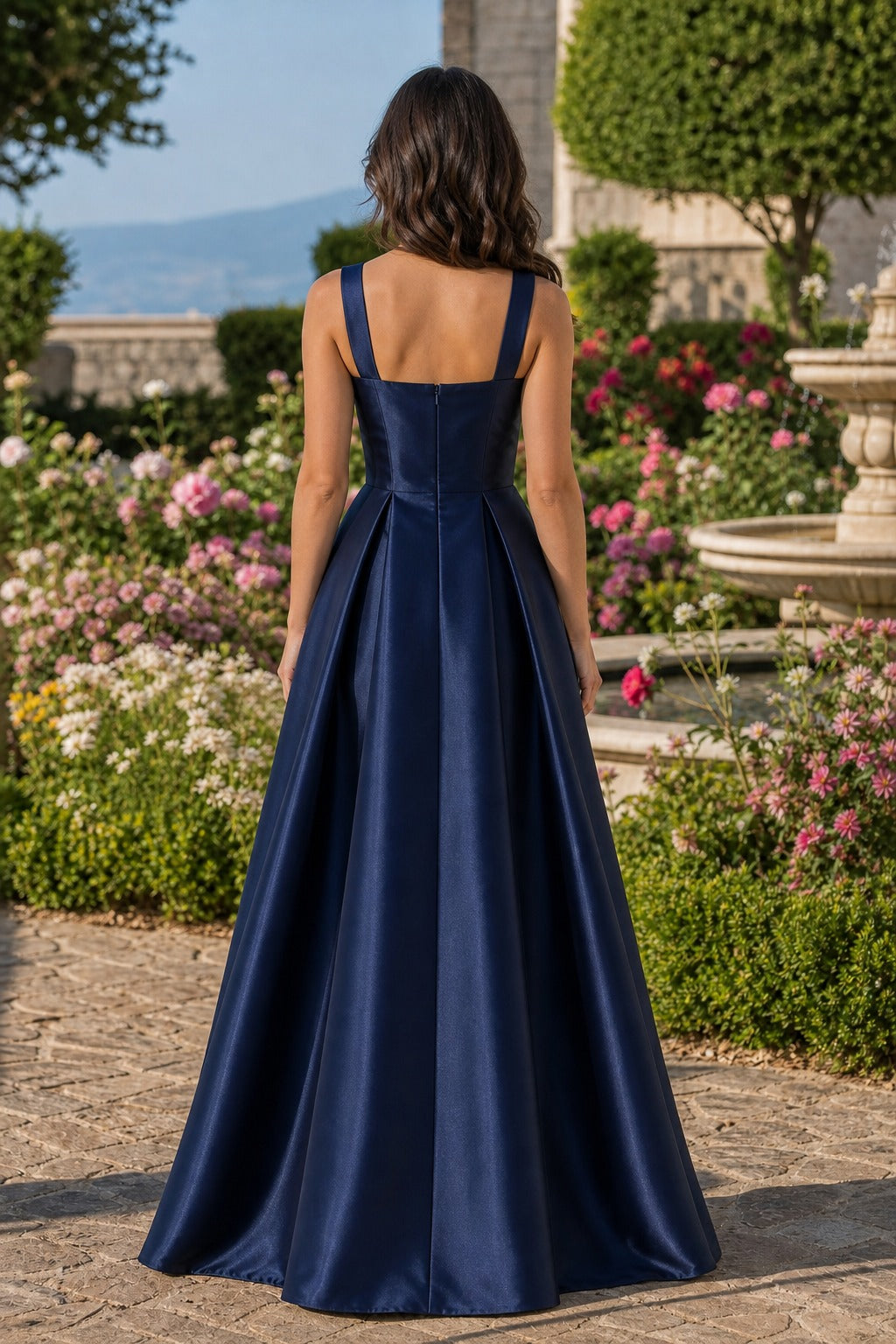 Navy Square Neck Floor-Length Satin A-Line Dress