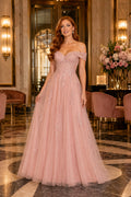 Blushing Pink Off-the-Shoulder Tulle A-Line Prom Dress with Lace Applique Bodice front view
