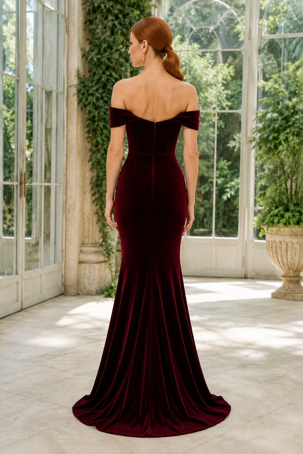 Burgundy Velvet Off-the-Shoulder Mermaid Evening Dress with Sweetheart Neckline back view