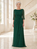 Dark Green Modest Bateau Three-Quarter-Sleeve Draped-Waist Floor-Length A-Line Mother of the Bride Gown front view