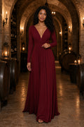 Burgundy V-neck Long Sleeve A-Line Chiffon Floor-Length Dress With Open Back
