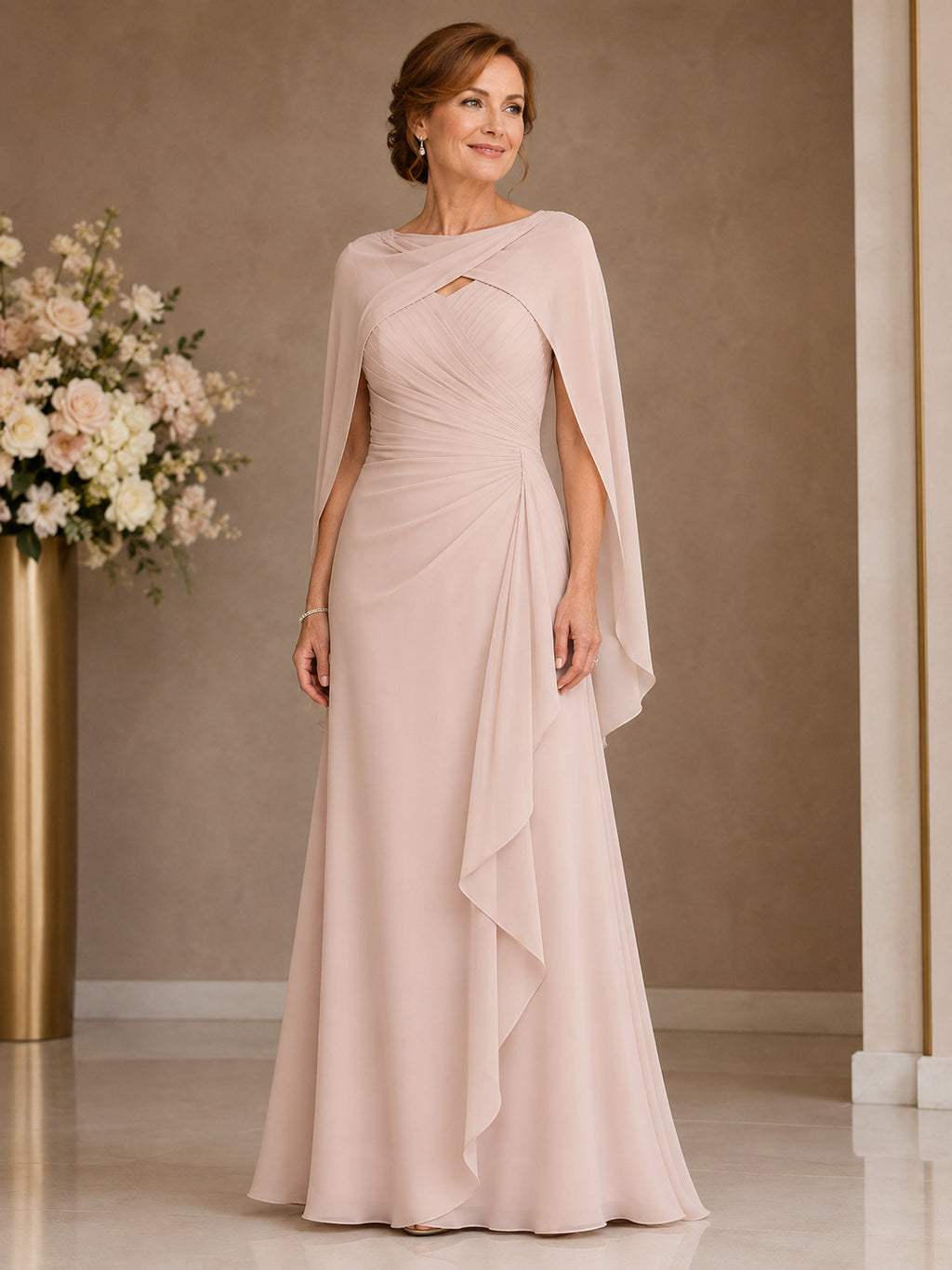 Blush Modern High-Neck Chiffon A-Line Floor-Length Mother of the Bride Gown with Asymmetric Cape and Keyhole Detail front vie
