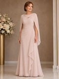 Blush Modern High-Neck Chiffon A-Line Floor-Length Mother of the Bride Gown with Asymmetric Cape and Keyhole Detail front vie