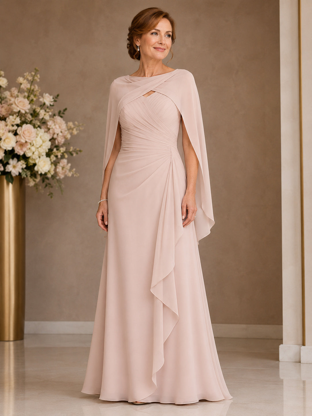 Blush Modern High-Neck Chiffon A-Line Floor-Length Mother of the Bride Gown with Asymmetric Cape and Keyhole Detail front vie