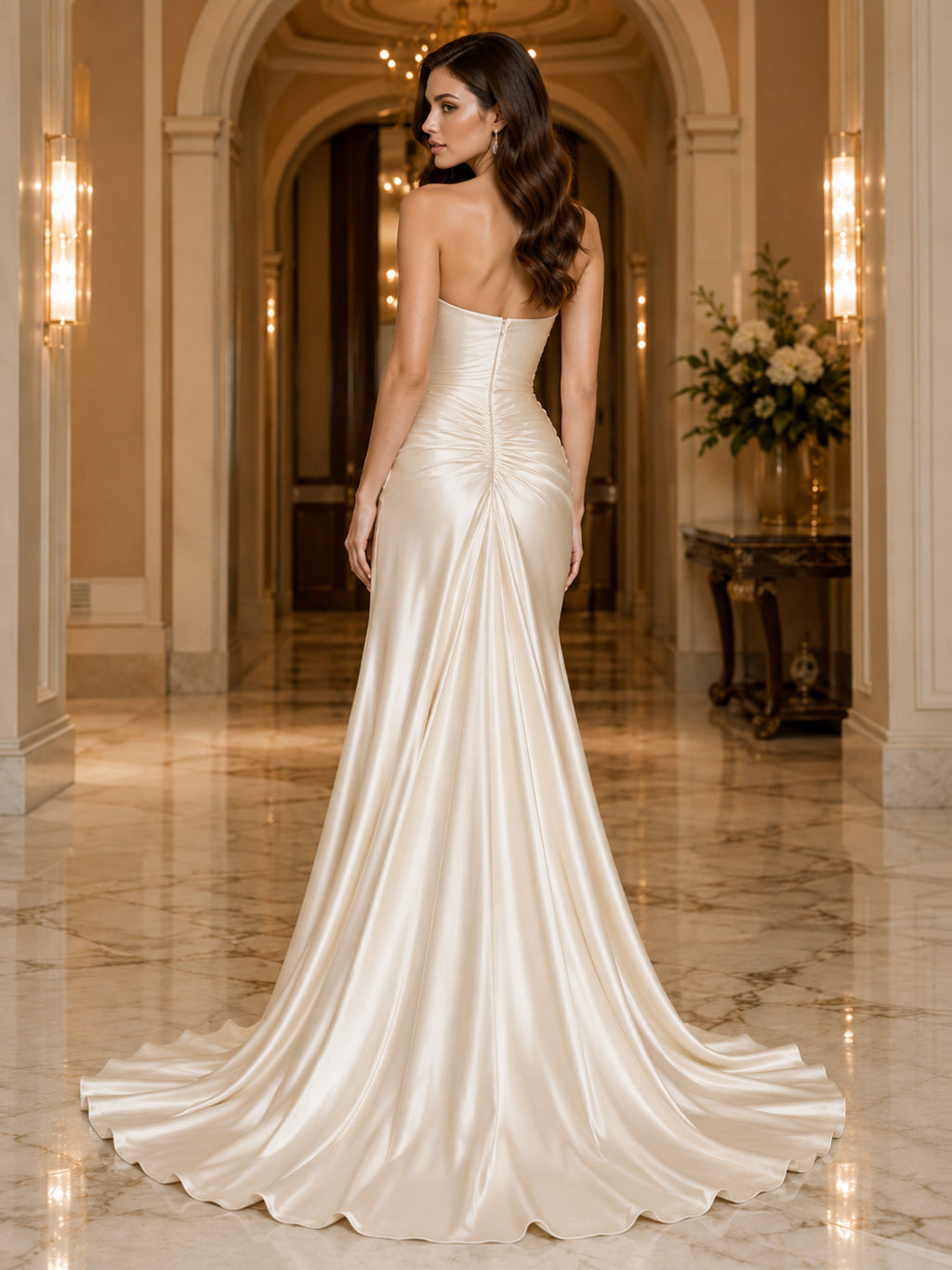 Satin Wedding Dress Sheath Strapless Sweep Train with Slit Low V Back Bridal Gown back view