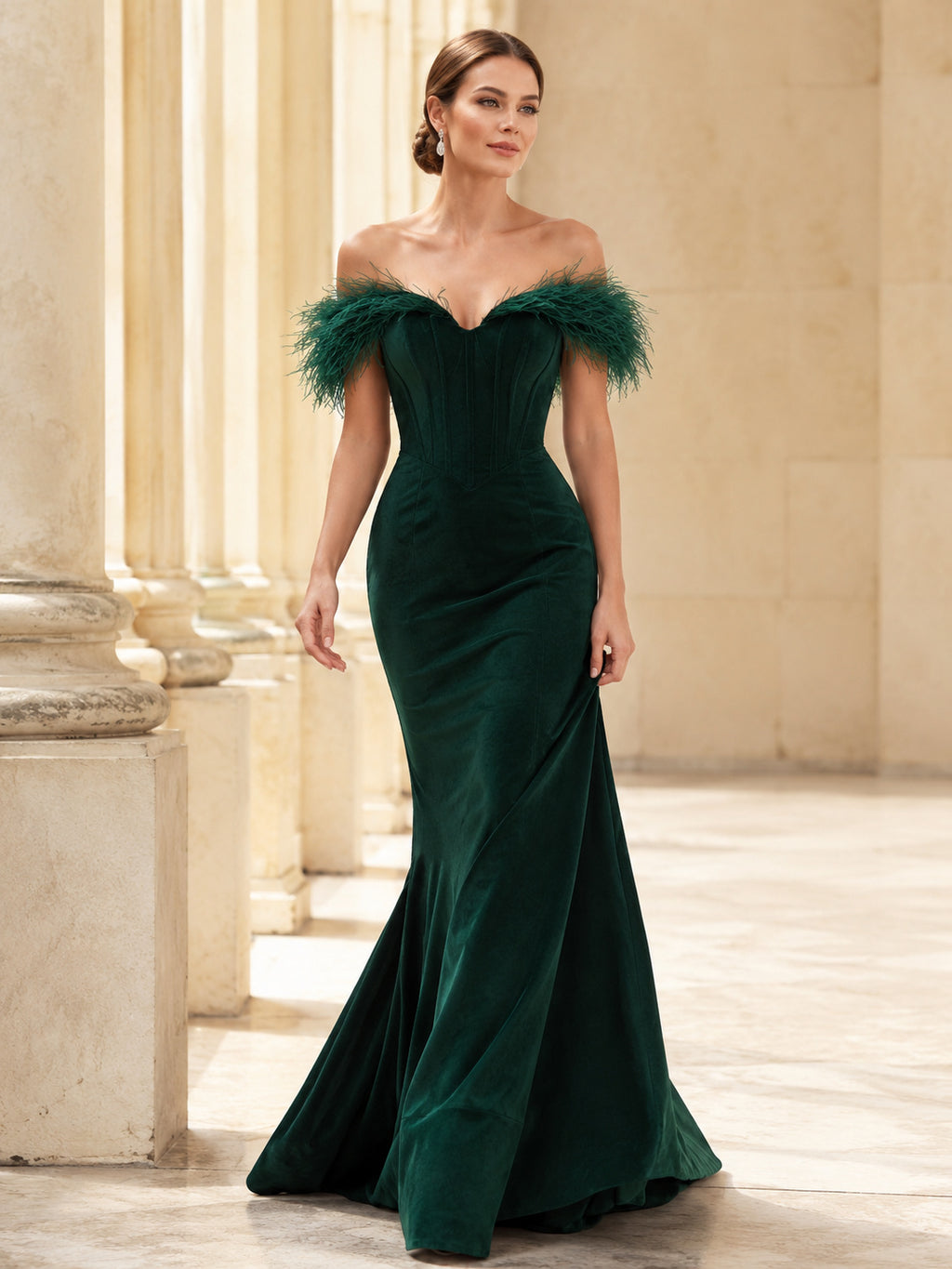 Dark Green Feather Off-the-shoulder Mermaid Evening Dress front view
