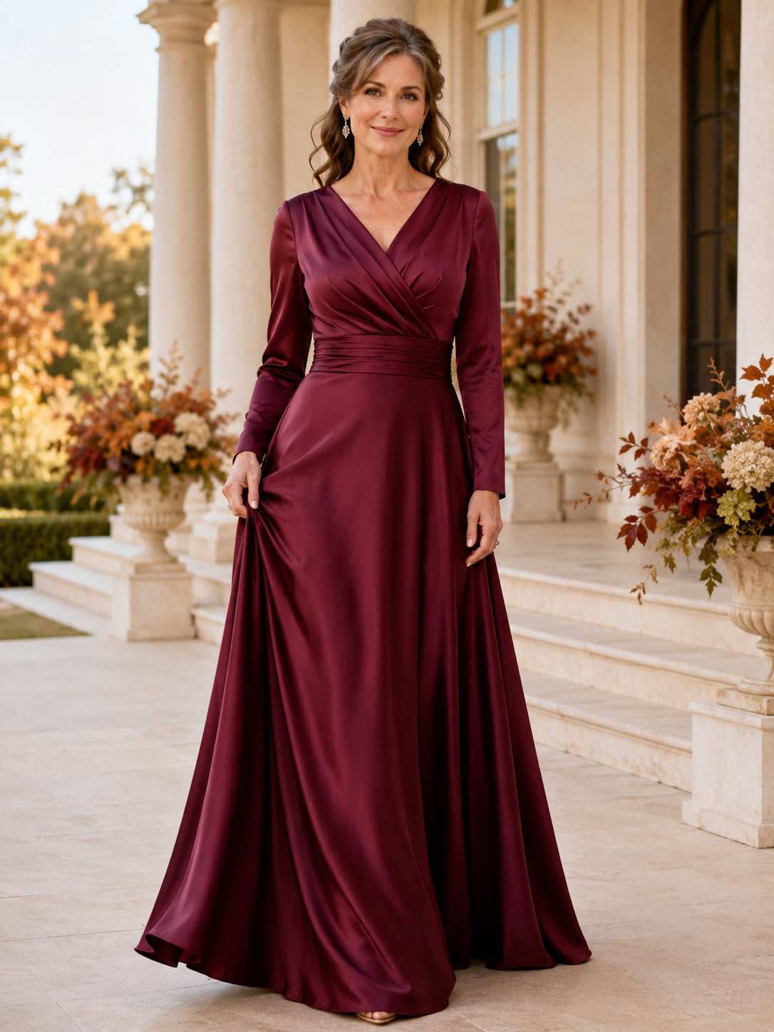 Burgundy Elegant V-Neck Long-Sleeve Wrap Satin A-Line Floor-Length Fall Estate Mother of the Groom Gown front view