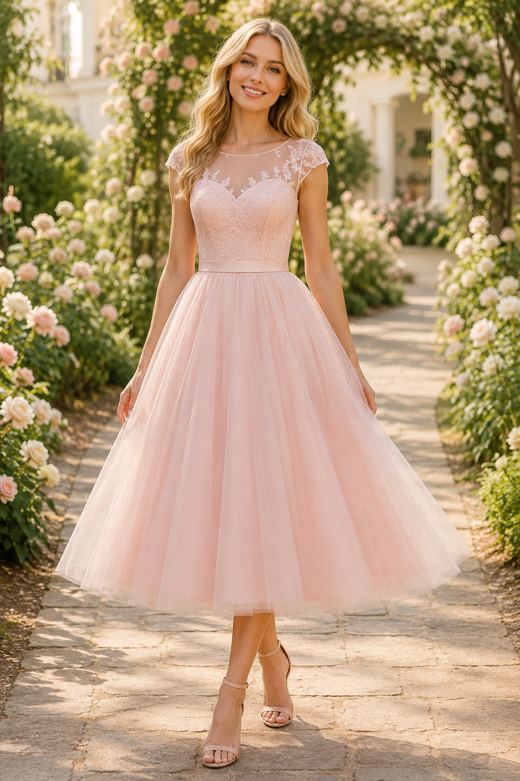 Blushing Pink Lace Cap Sleeve Tea-Length Wedding Dress with Tulle Skirt Style MG_300551 front view