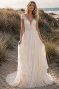 Ivory Cap Sleeve V-Neck Lace Tulle A-Line Wedding Dress Train for Bridal Ceremony and Reception front view