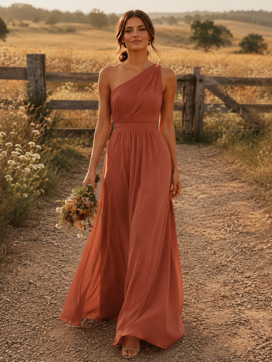 Terracotta Chiffon A-Line One-Shoulder Sleeveless Pleated Open Back Floor-Length Bridesmaid Dress front view