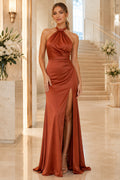 Orange Halter Satin Sheath Formal Dress with Open Back and Side Split front view