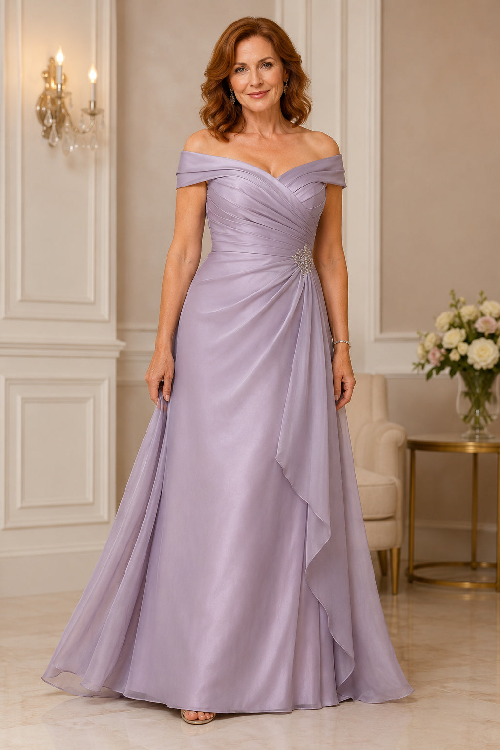 Lavender Off-the-Shoulder A-Line Mother Dress with Wrap Bodice and Ruffle Drape front view