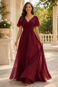 Burgundy V-Neck Chiffon A-Line Bridesmaid Dress with Flutter Sleeves and Flowing Skirt front view