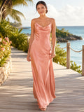 Pearl Pink Island Sheath Satin Bridesmaid Dress with Sleeveless Cowl Neck Spaghetti Strap Bodice, Ruched Floor-Length Skirt a