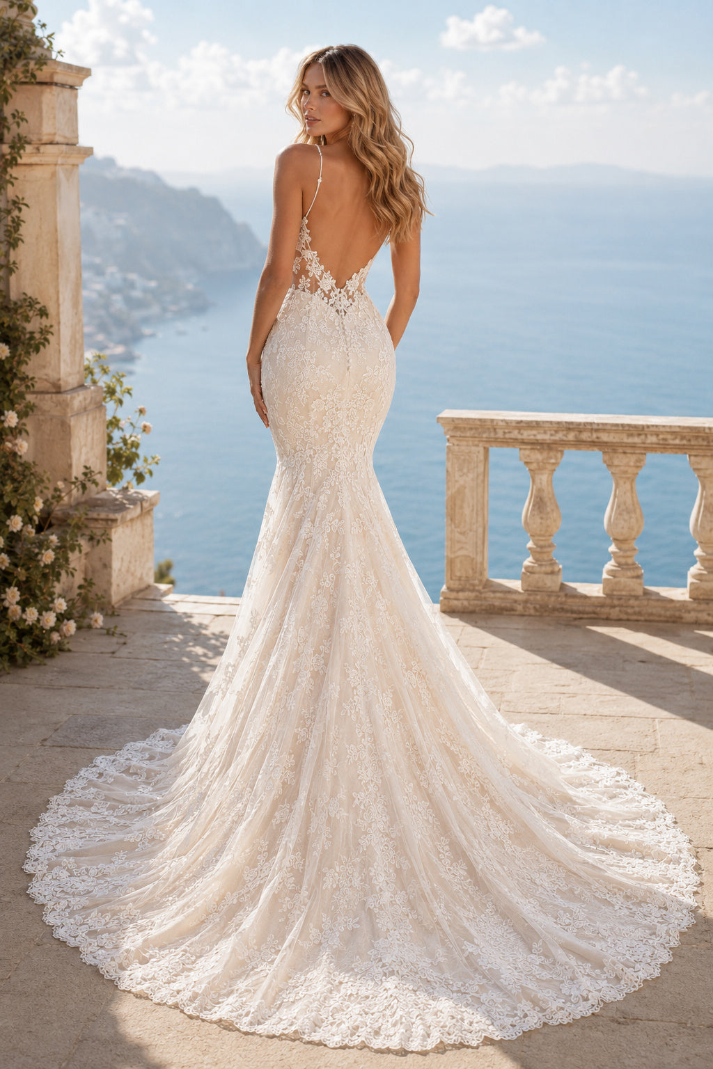 Champagne Sexy Spaghetti Neck Mermaid Champagne Lace Wedding Dress with Spaghetti Straps and Chapel Train Style MG_701397 bac