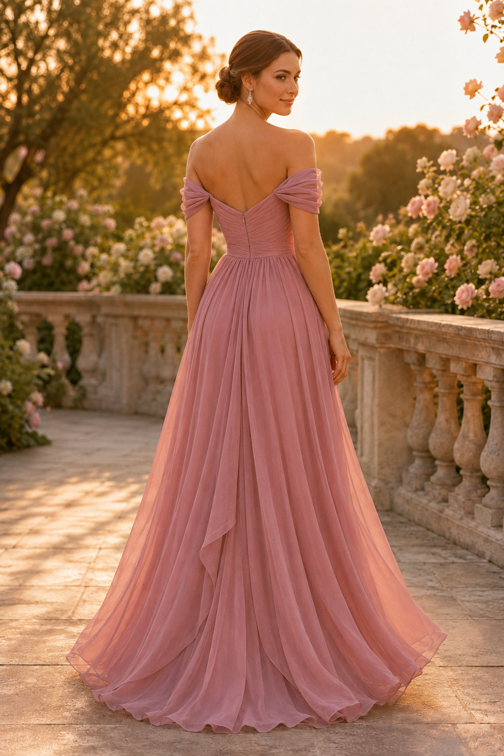 Dusty Rose off the shoulder chiffon A line dress with wrap bodice and layered skirt Floor-length A-Line Bridesmaid Dress back