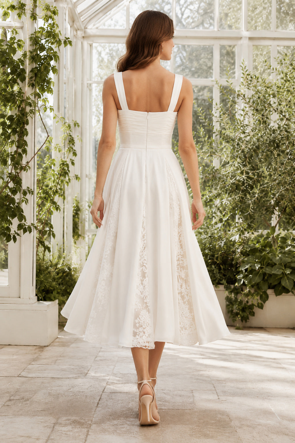 Ivory Square Strap Chiffon Lace Tea Length Wedding Dress for Wedding Reception and Party back view