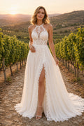 Ivory Halter Illusion Lace A-Line Wedding Dress with High Slit and Sweep Train front view