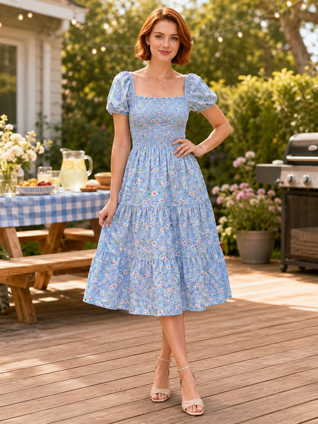 Blue Floral Puff Sleeve Tiered Cotton Backyard Barbecue Dress front view