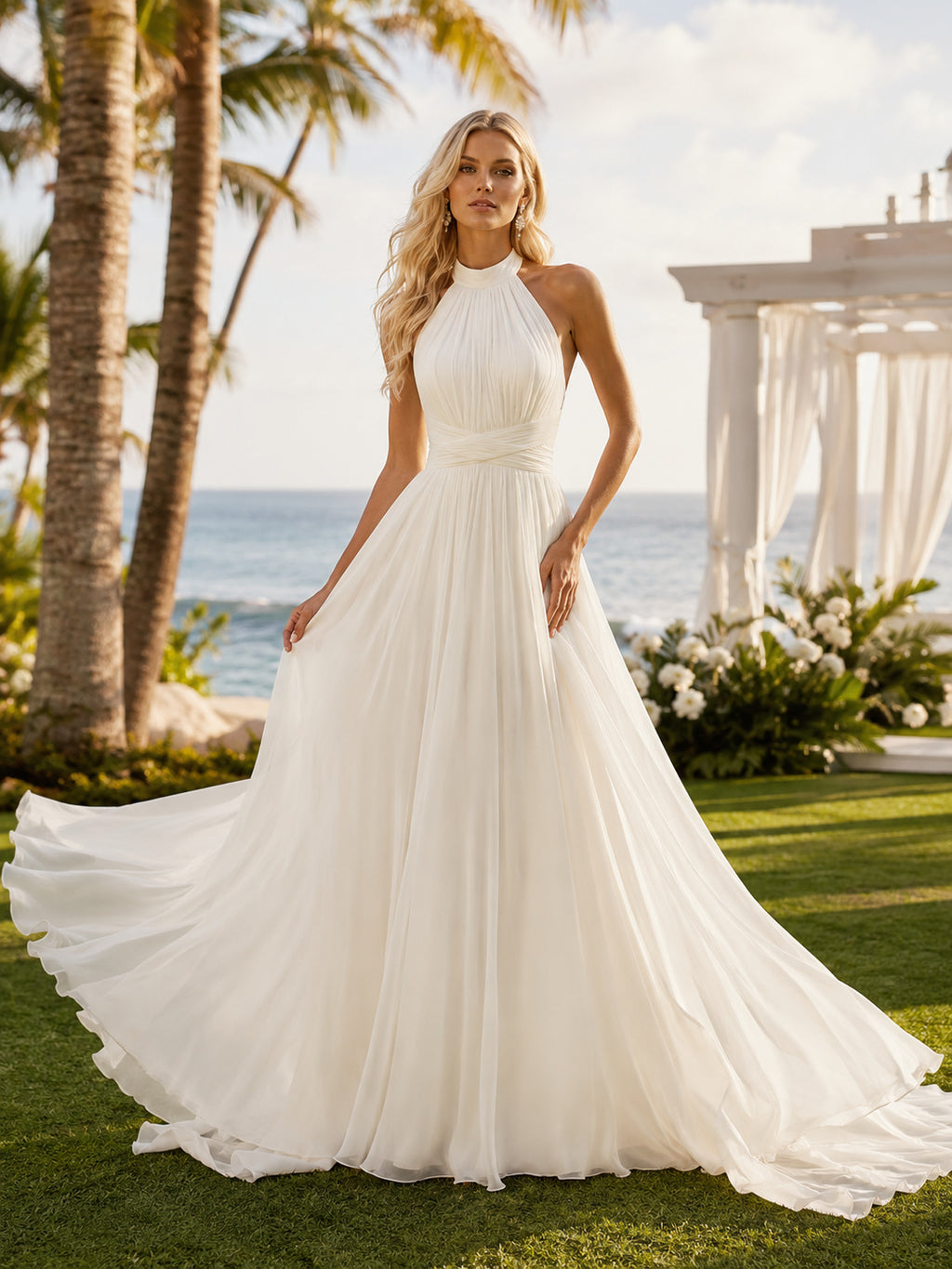 Beach Satin Chiffon Wedding Dress A-Line Halter Sleeveless Sweep Train Bridal Gown Style 721764 front view