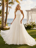 Beach Satin Chiffon Wedding Dress A-Line Halter Sleeveless Sweep Train Bridal Gown Style 721764 front view
