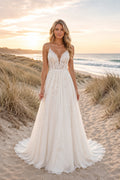 Ivory Spaghetti V-Neck Lace Bodice A-Line Wedding Dress Long Train for Bridal Ceremony and Reception front view