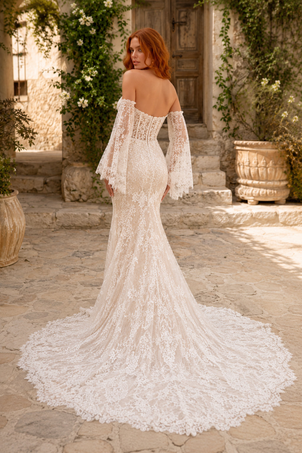 Champagne Sexy Off-the-Shoulder Mermaid Champagne Lace Wedding Dress with Long Lace Sleeves and Chapel Train Style MG_701376