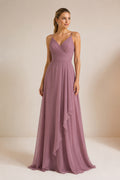 Mauve Spaghetti Strap V-Neck Chiffon A-Line Bridesmaid Dress with Cascading Ruffle front view