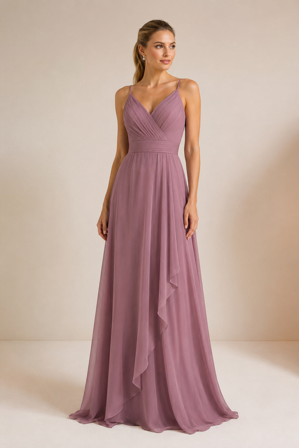 Mauve Spaghetti Strap V-Neck Chiffon A-Line Bridesmaid Dress with Cascading Ruffle front view