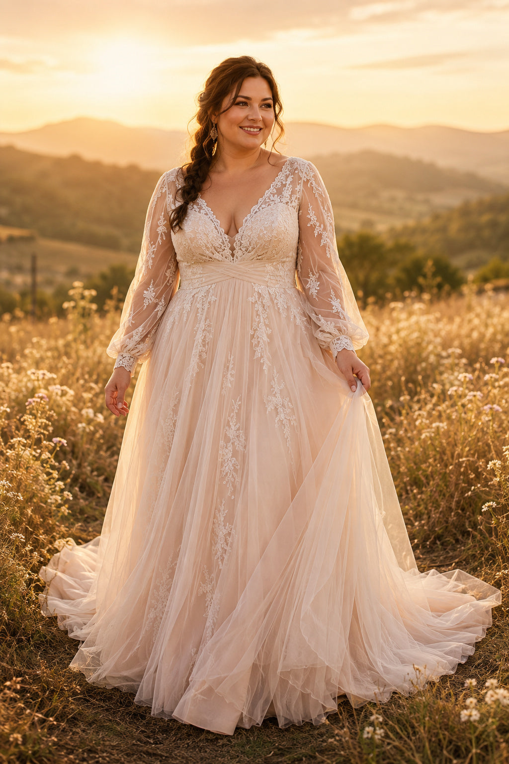 Plus Size Long Sleeve Lace A-Line Wedding Dress with Blush Ivory Tulle front view