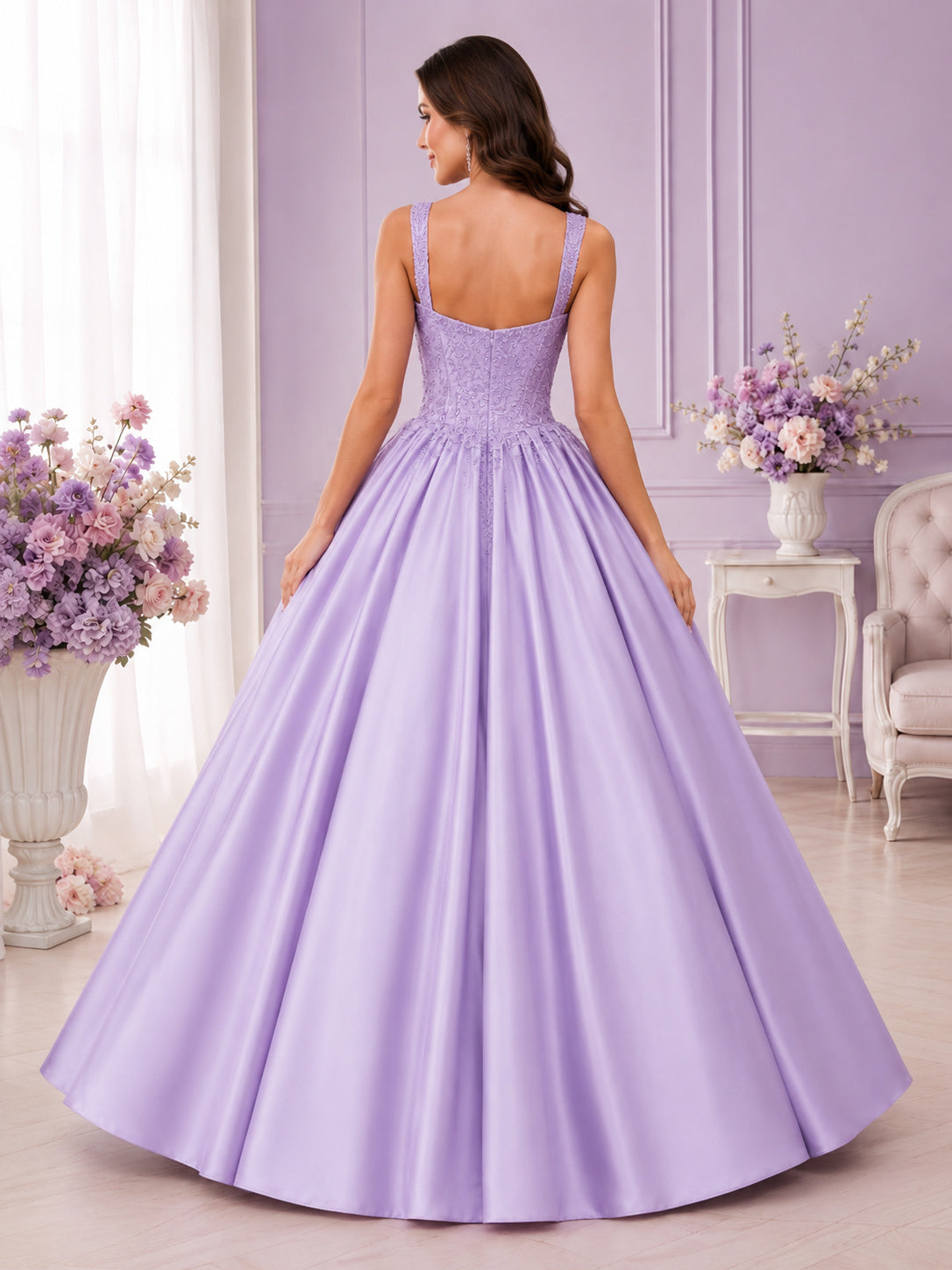 Lilac Simple Square Neck Straps Beaded Satin Sweet Sixteen Princess Ball Gown back view