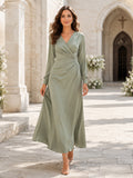 Sage Long Sleeve Wrap A Line Modest Wedding Guest Midi Dress front view