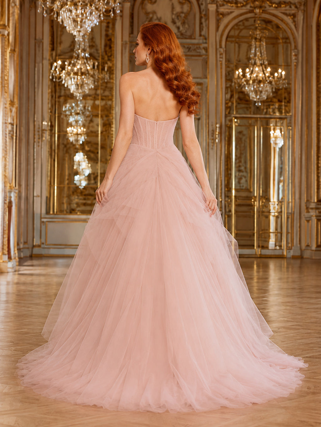 Blush strapless corset tulle floor length ballroom ball gown back view
