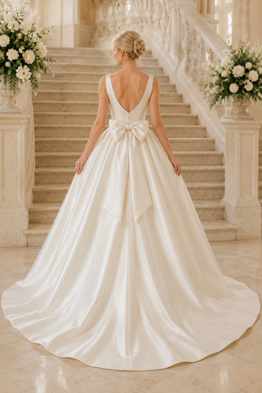Satin Wedding Dress Ball Gown Bateau Neck Sleeveless Sweep Train Low V Back Bridal Gown back view