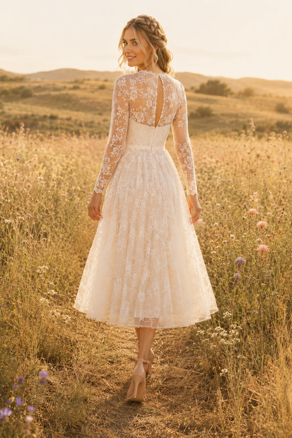 Ivory High Neck Long Sleeve Lace Tulle Tea-Length Wedding Dress with Long Lace Sleeves and Midi Skirt back view