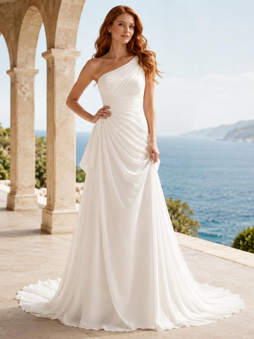 Romantic One-Shoulder Side Draped Chiffon Sheath Chapel Train Wedding Gown front view